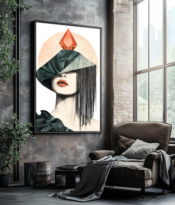 Abstract Woman Portrait Wall Art Modern Surreal Woman With Crystal Minimalist Fashion Decor Boho Wall Art Gift Idea