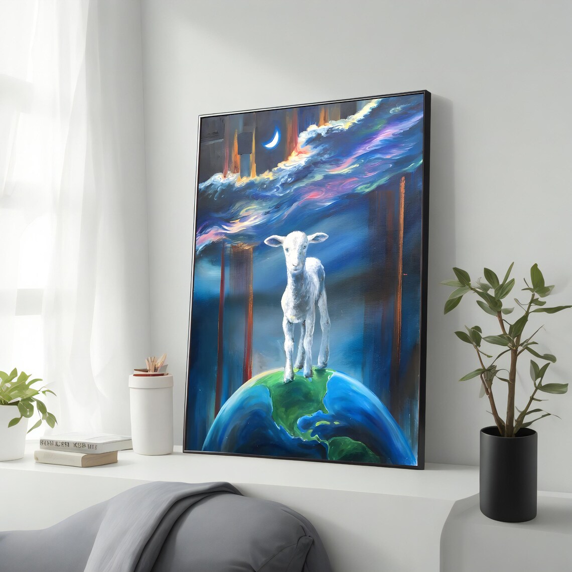 Surreal Lamb Standing On Earth Globe Night Sky Crescent Moon Art Poster