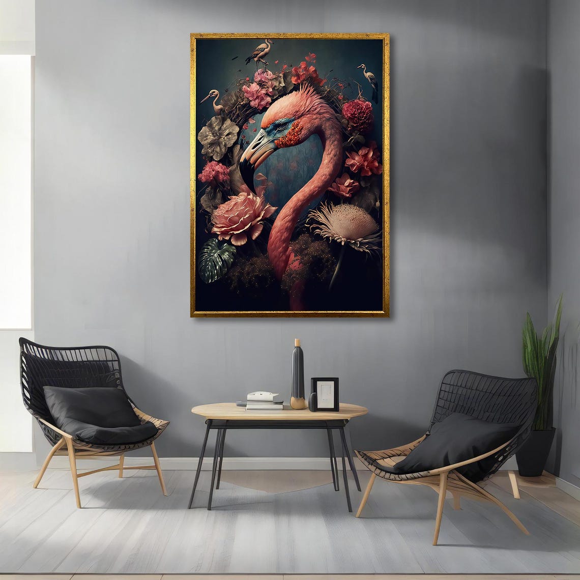 Pink Flamingo Flowers Dark Moody Tropical Floral Bird Art Poster - Image 4