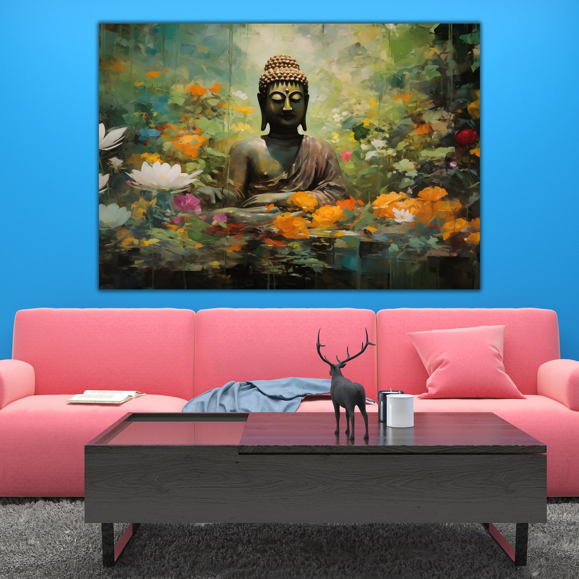 Buddha Statue Colorful Flower Garden Zen Meditation Art Poster - Image 2