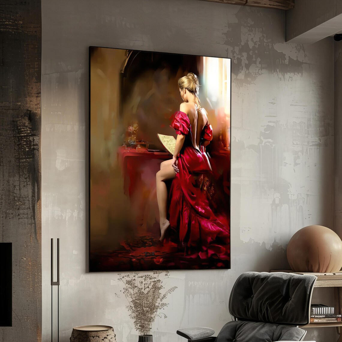Elegant Woman In Red Satin Gown Seated Reading Letter Art Wall Poster