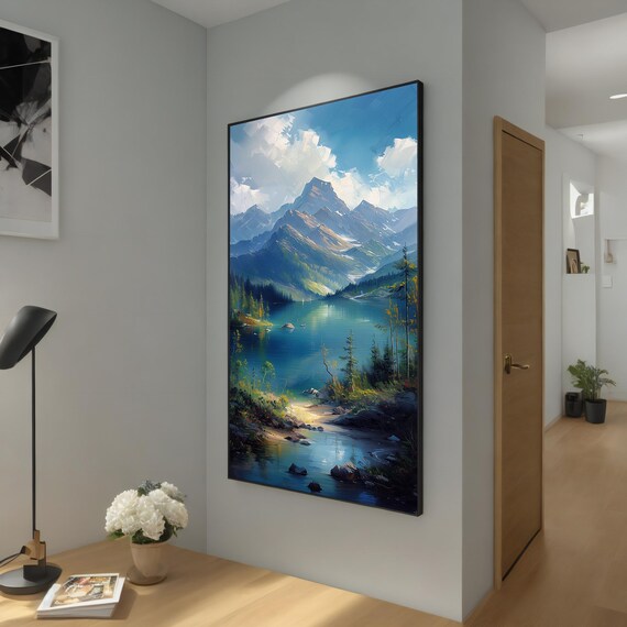 Mountain Lake Wall Art Serene Landscape Painting Nature Wall Decor Ready To Hang Forest And Waterfall Scene Unique Gift