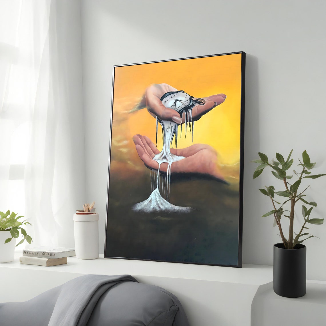 Melting Clock Held By Hands Golden Sunset Surreal Time Art Poster
