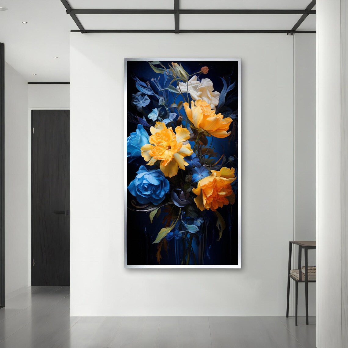 Vibrant Yellow Peony Blue Rose Dark Botanical Painting Art Poster - Image 3