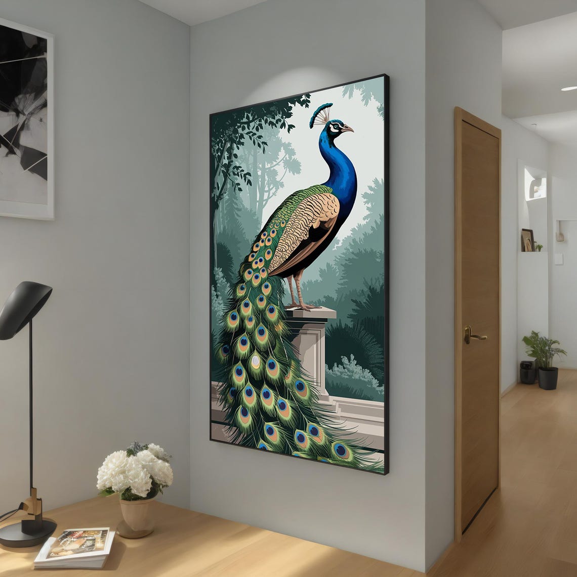 Peacock Standing on Stone Pedestal Misty Garden Long Tail Art Poster