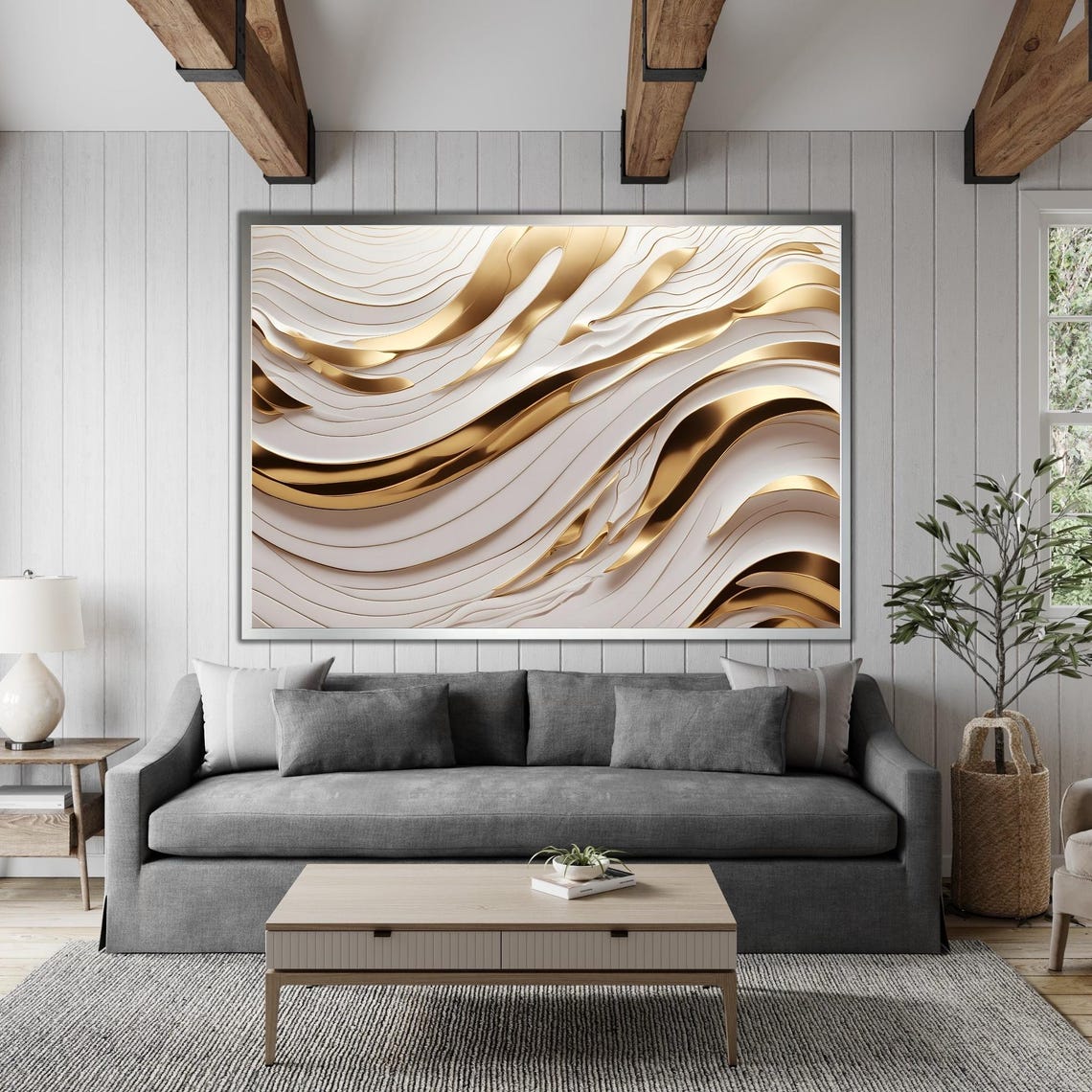 Luxury White Gold Marble Flowing Waves Abstract 3D Modern Wall Poster - Image 4