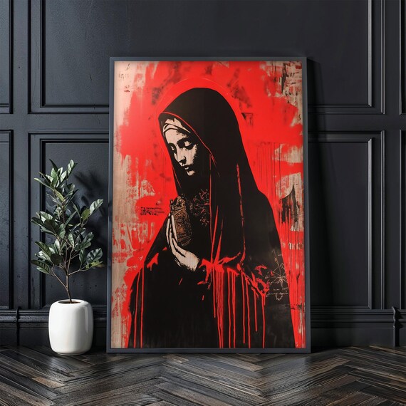 Virgin Mary Graffiti Street Art Bold Red Black Urban Faith Wall Poster