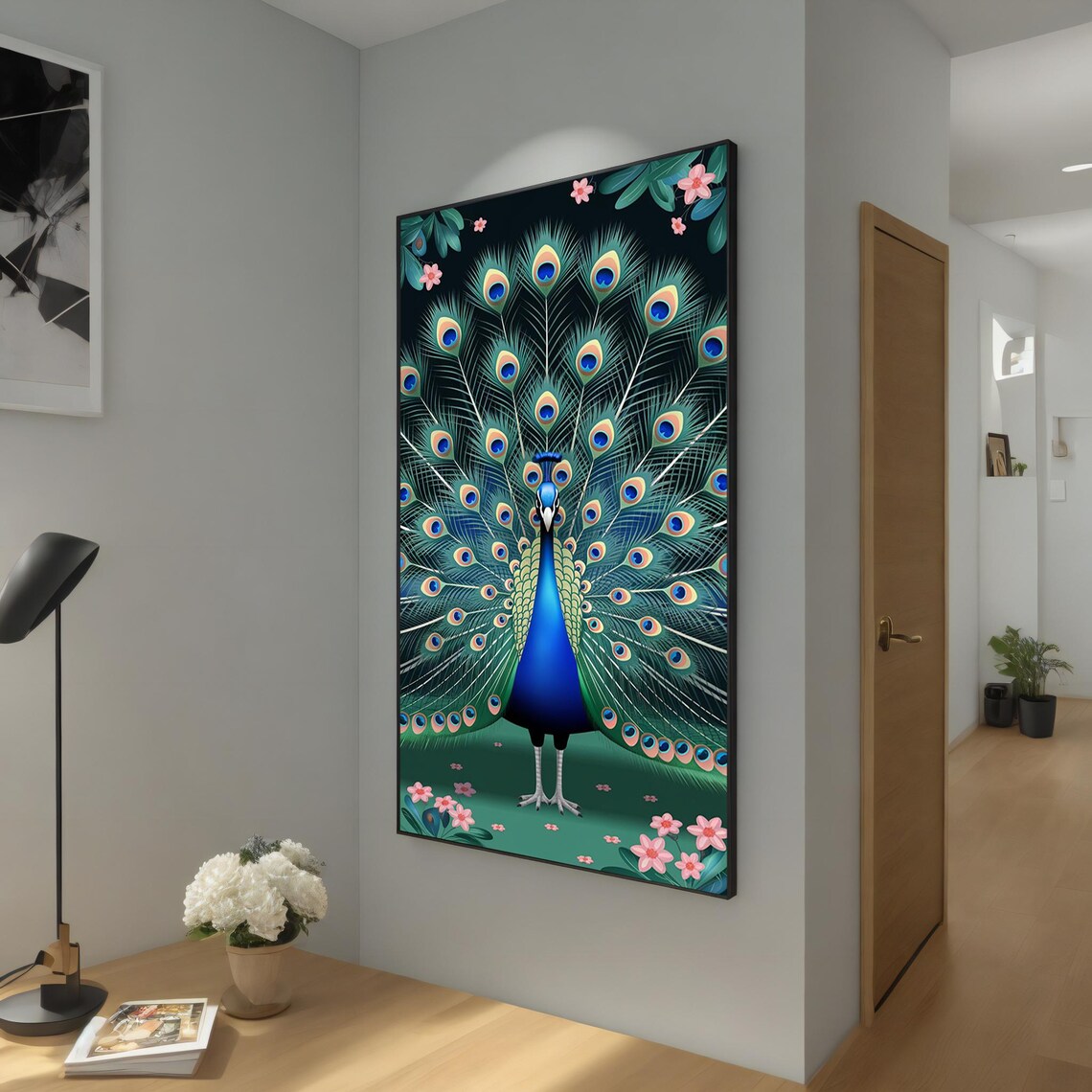 Peacock with Fanned Tail Among Pink Blossoms Dark Green Art Poster