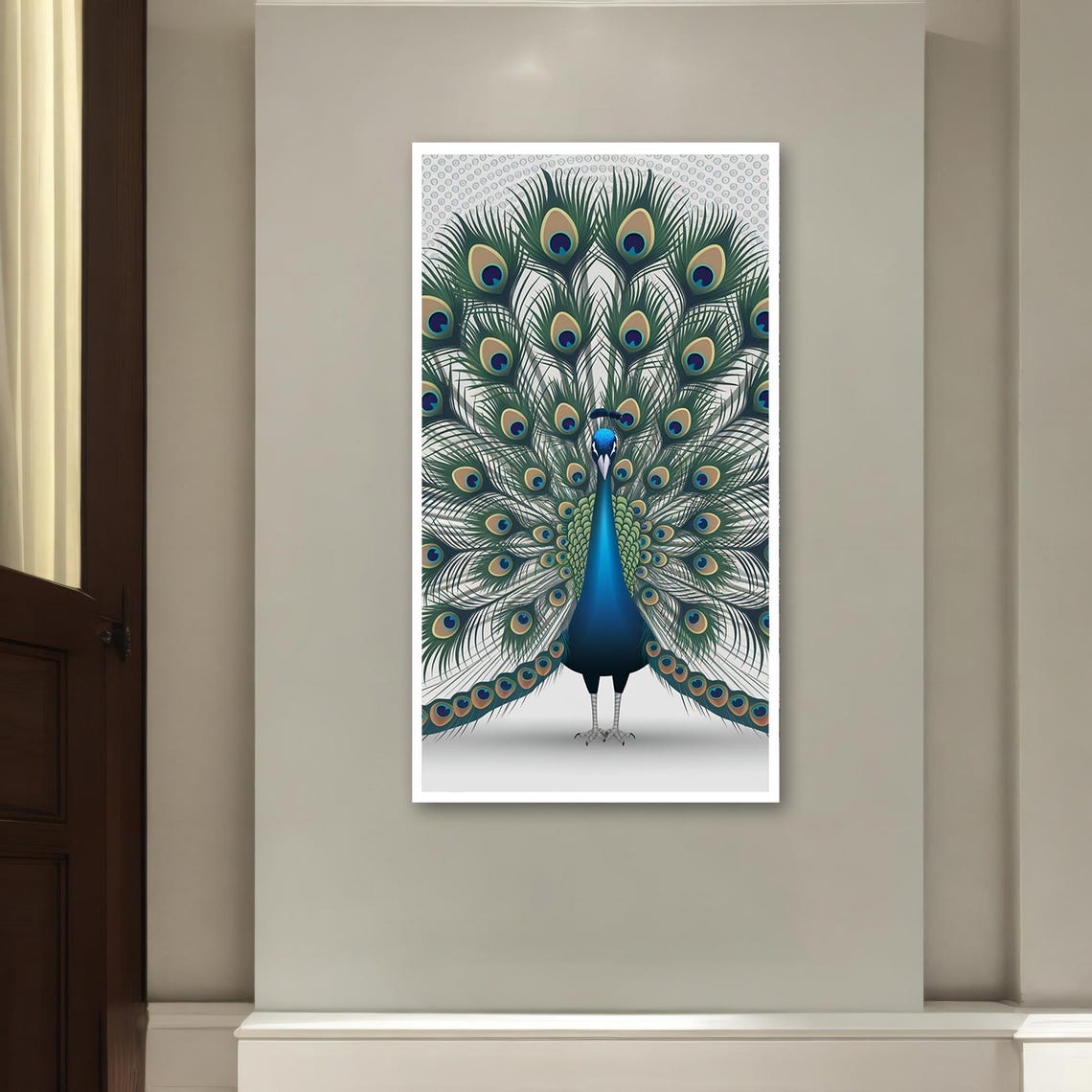 Majestic Peacock Full Fanned Tail Feather Display White Art Poster - Image 2