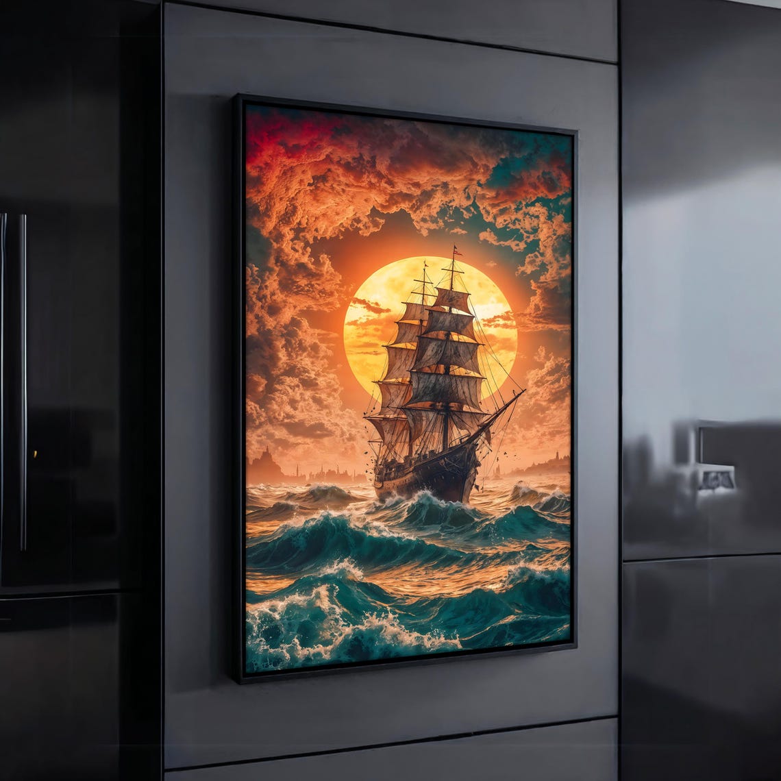 Tall Ship At Sunset Fiery Orange Sky Teal Ocean Waves Maritime Poster