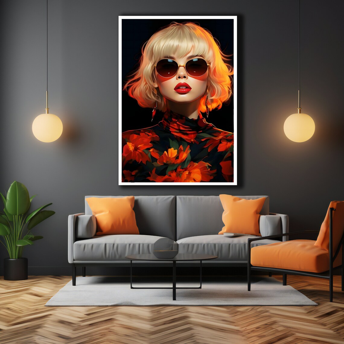 Blonde Woman Round Sunglasses Red Floral Top Neon Fashion Portrait Poster - Image 3