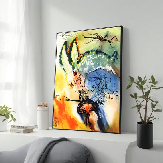 Down The Rabbit Hole Surrealist White Rabbit Watercolor Fantasy Poster