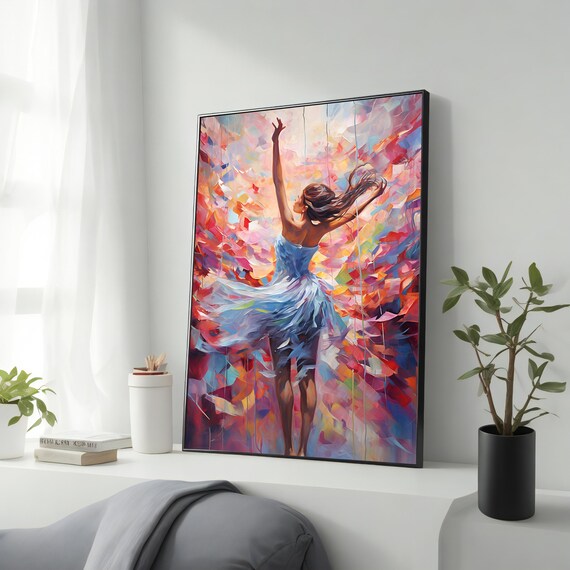 Woman Dancing Blue Dress Colorful Abstract Joyful Dance Art Poster