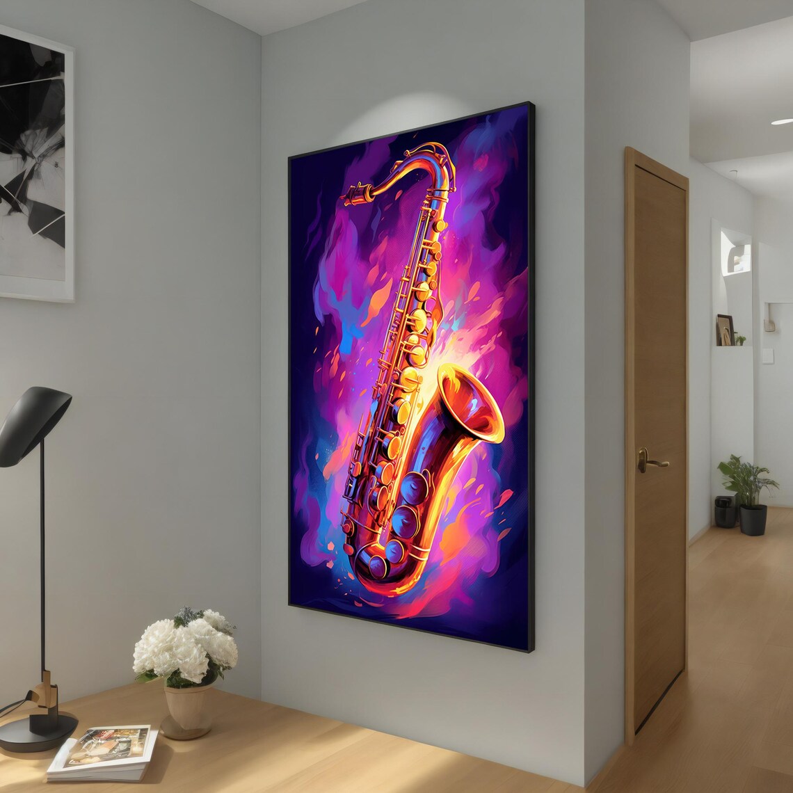 Neon Saxophone in Purple and Orange Flames Vibrant Jazz Music Art Poster