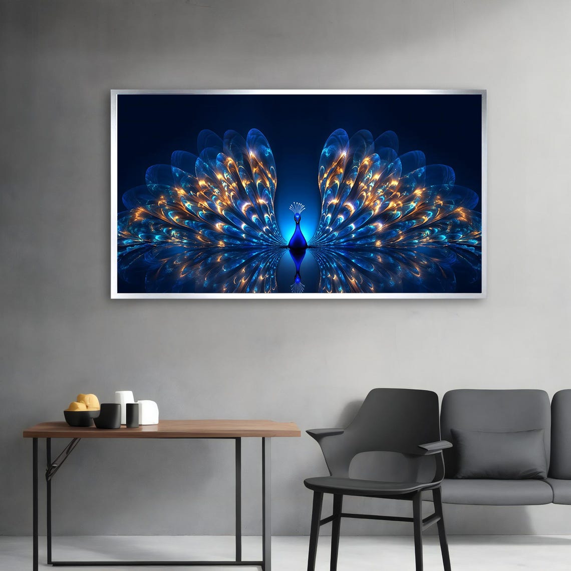 Blue and Gold Peacock Fractal Tail Feathers Dark Wall Art Poster - Image 3