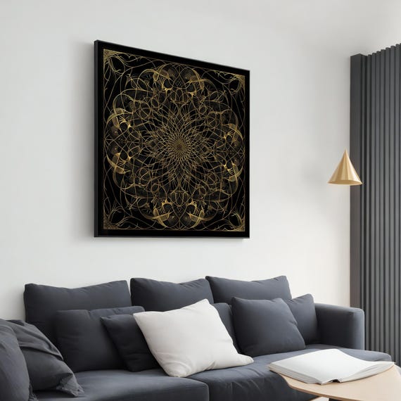 Luxury Golden Mandala Wall Art Intricate Geometric Design Black And Gold Decor Elegant Framed Ready To Hang Art Gift Idea