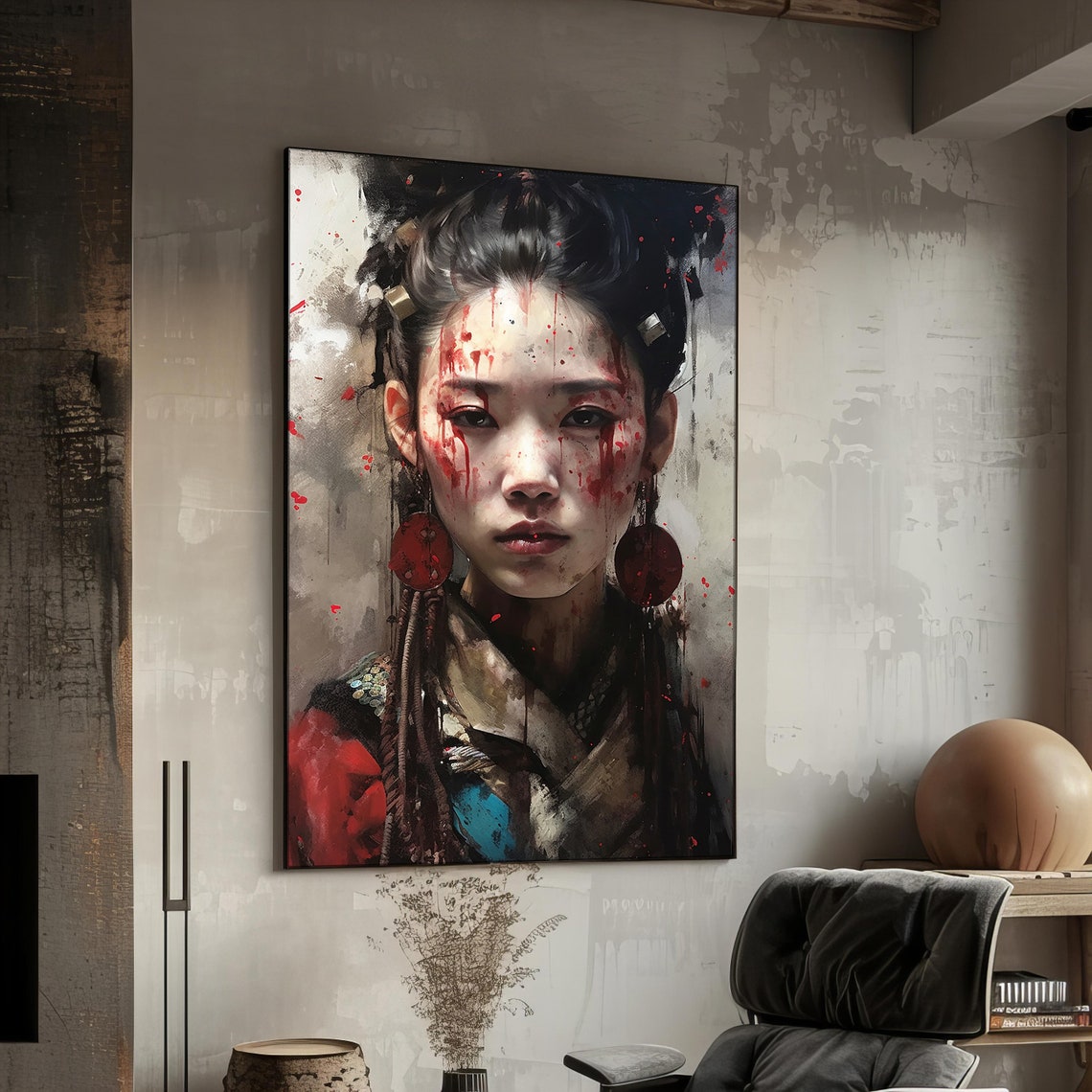Warrior Woman Face Red War Paint Splatter Japanese Art Style Poster