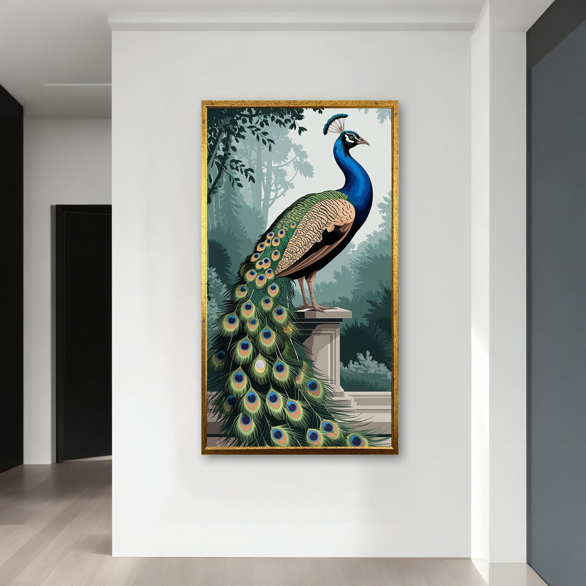 Peacock Standing on Stone Pedestal Misty Garden Long Tail Art Poster - Image 3