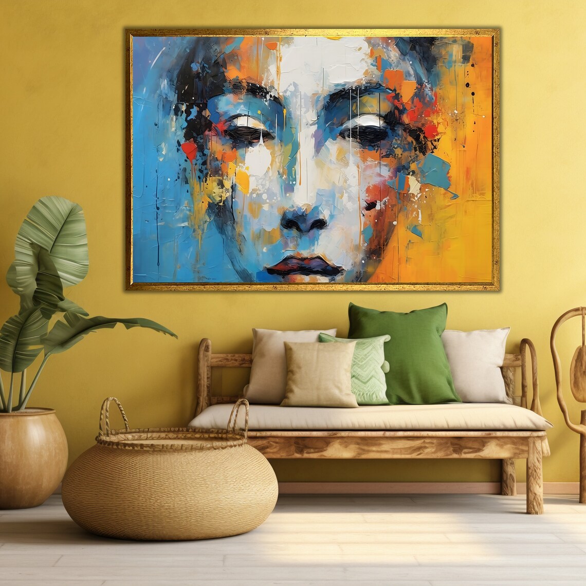 Abstract Female Face Oil Painting Blue Orange Splash Modern Art Poster - Image 4