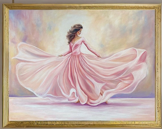 Dancing Woman Painting On Pink Ballerina Wall Art Elegant Lady In Pink Dress Painting Modern Ballerina Art Dancer Oil Painting