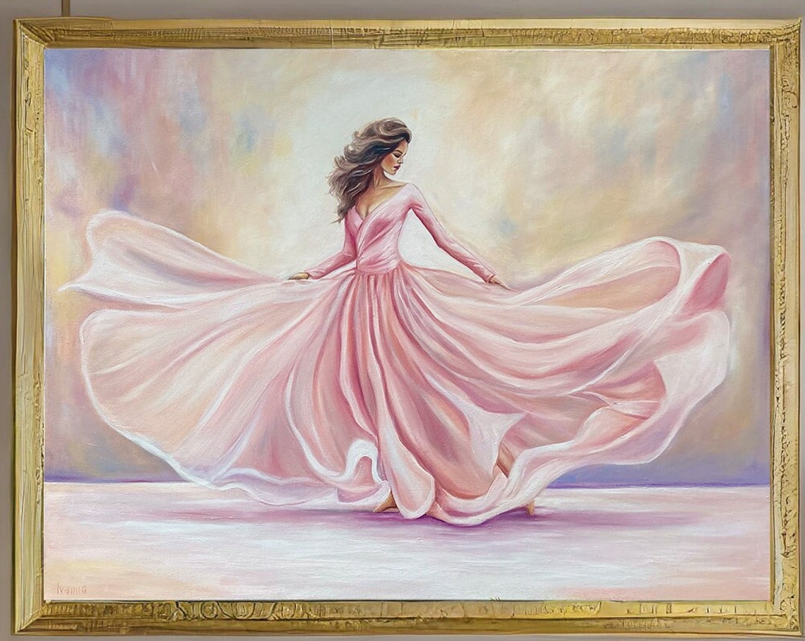 Dancing Woman Painting On Pink Ballerina Wall Art Elegant Lady In Pink Dress Painting Modern Ballerina Art Dancer Oil Painting