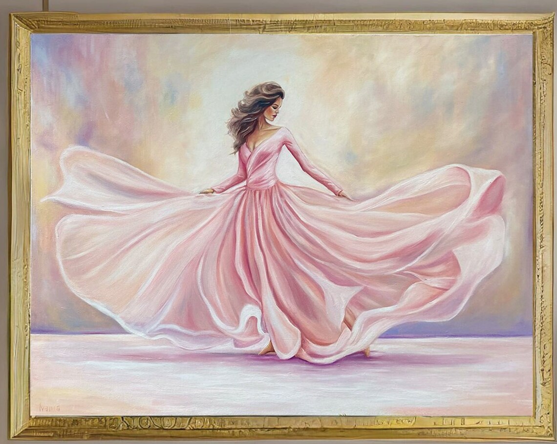Dancing Woman Pink Flowing Gown Soft Pastel Oil Painting Elegant Art Poster
