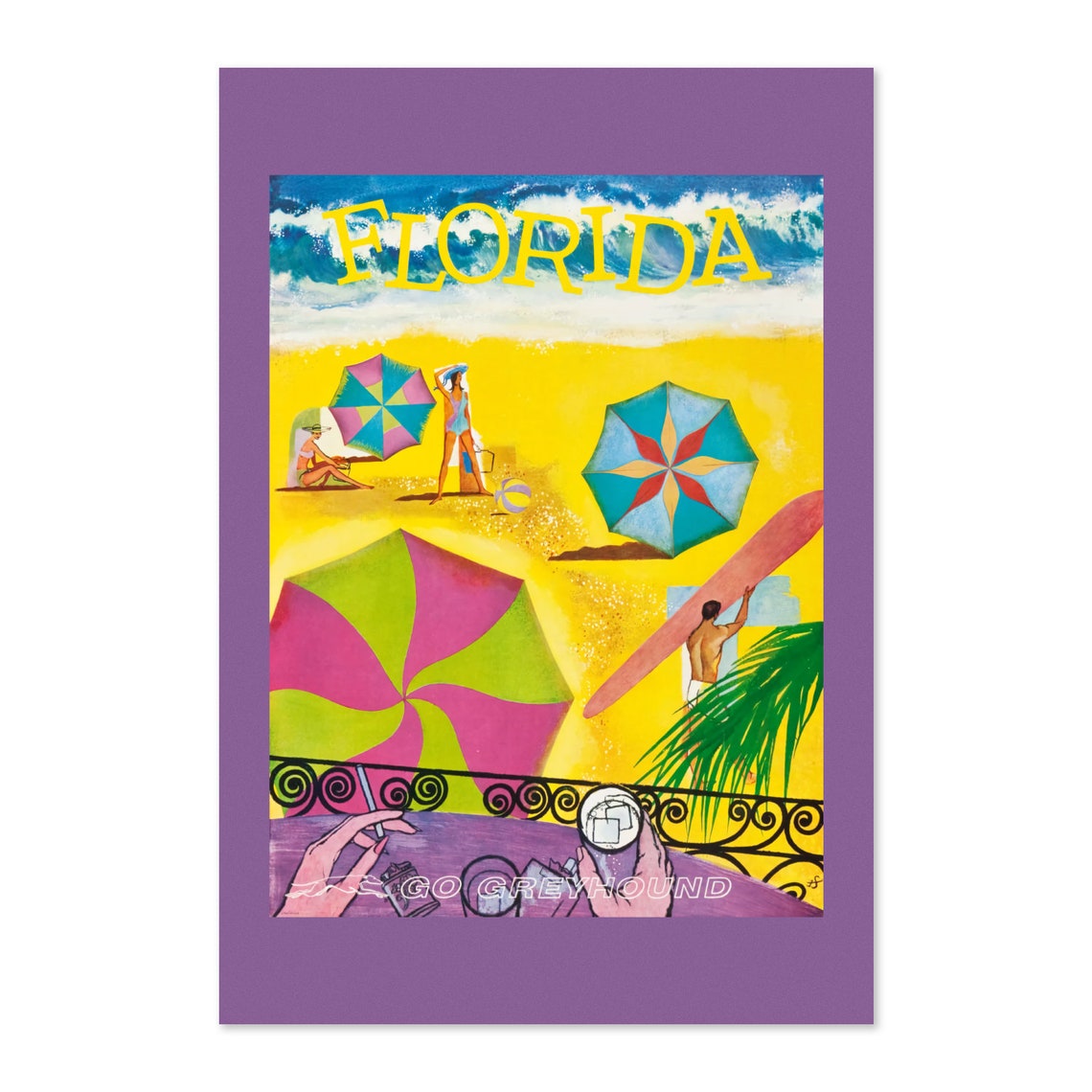 Florida Vintage Beach Travel Poster Go Greyhound Surf Umbrellas