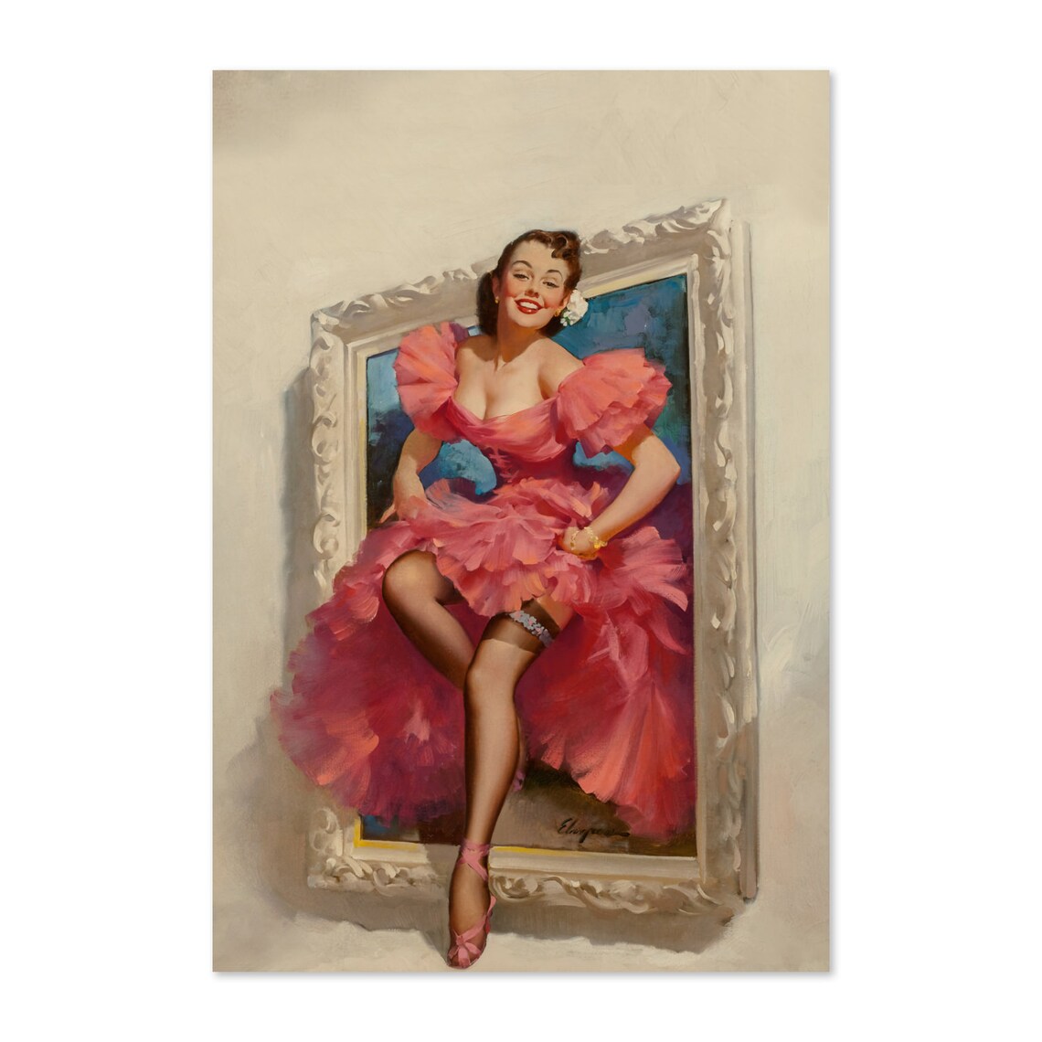Elvgren Pin Up Girl Stepping Out of Gilded Picture Frame Art Poster