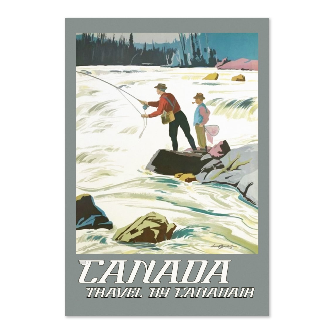Canada Fly Fishing Wild Rapids Travel By Canadair Vintage Poster