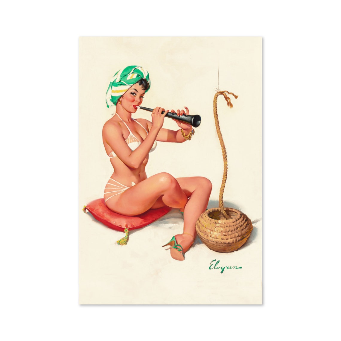 Gil Elvgren Snake Charmer Flute Rope Basket Pin-Up Art Poster