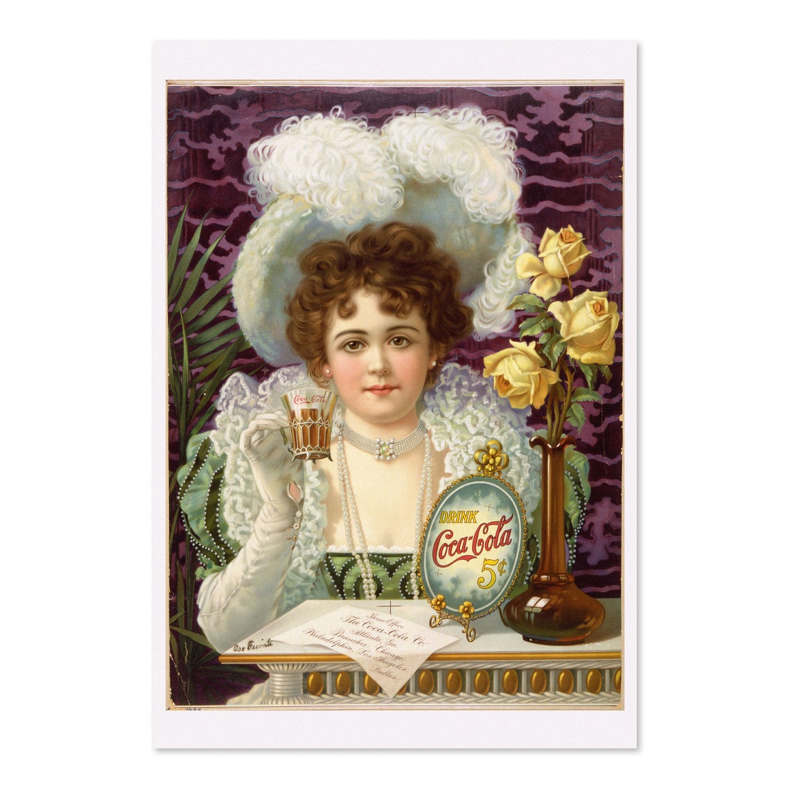 Drink Coca-Cola 5 Cents Victorian Lady Vintage Soda Glass Poster