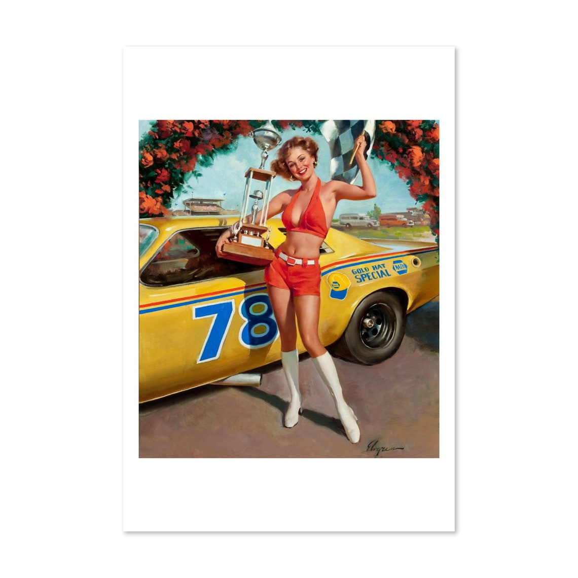 Gil Elvgren Victory Trophy Checkered Flag Race Queen Car Poster