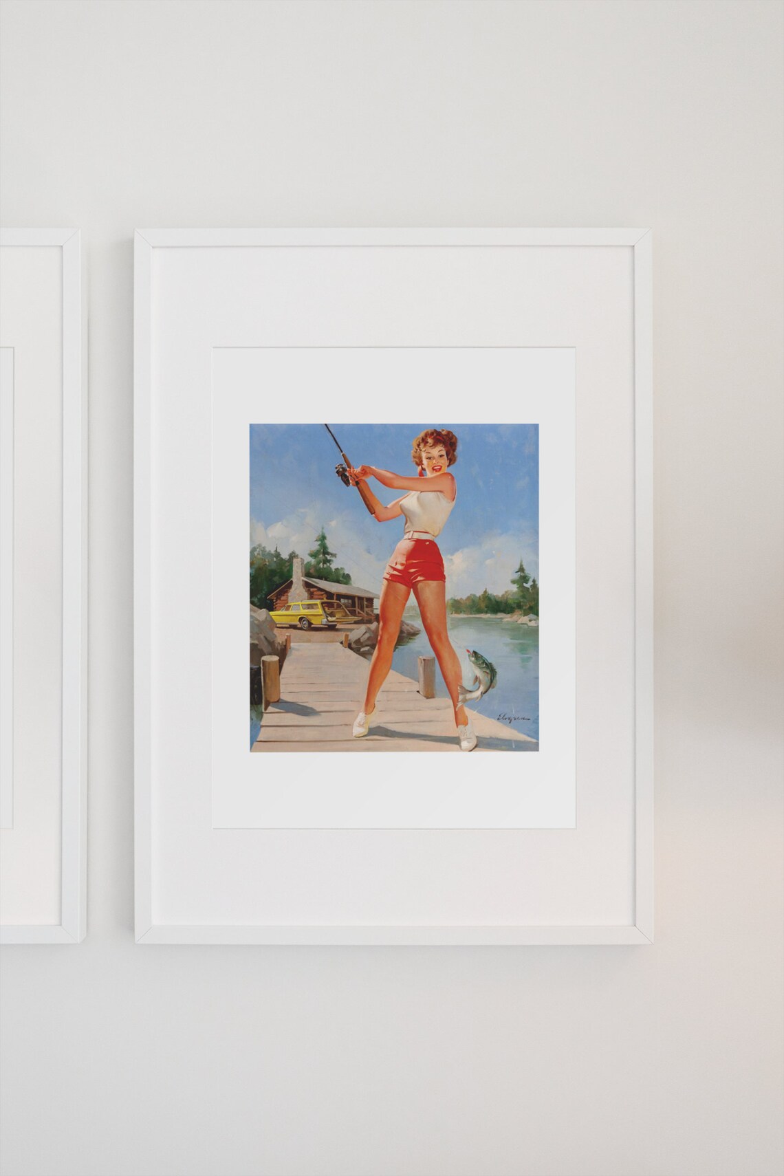 Elvgren Pin Up Girl Fishing from a Dock Catching Bass Poster - Image 3