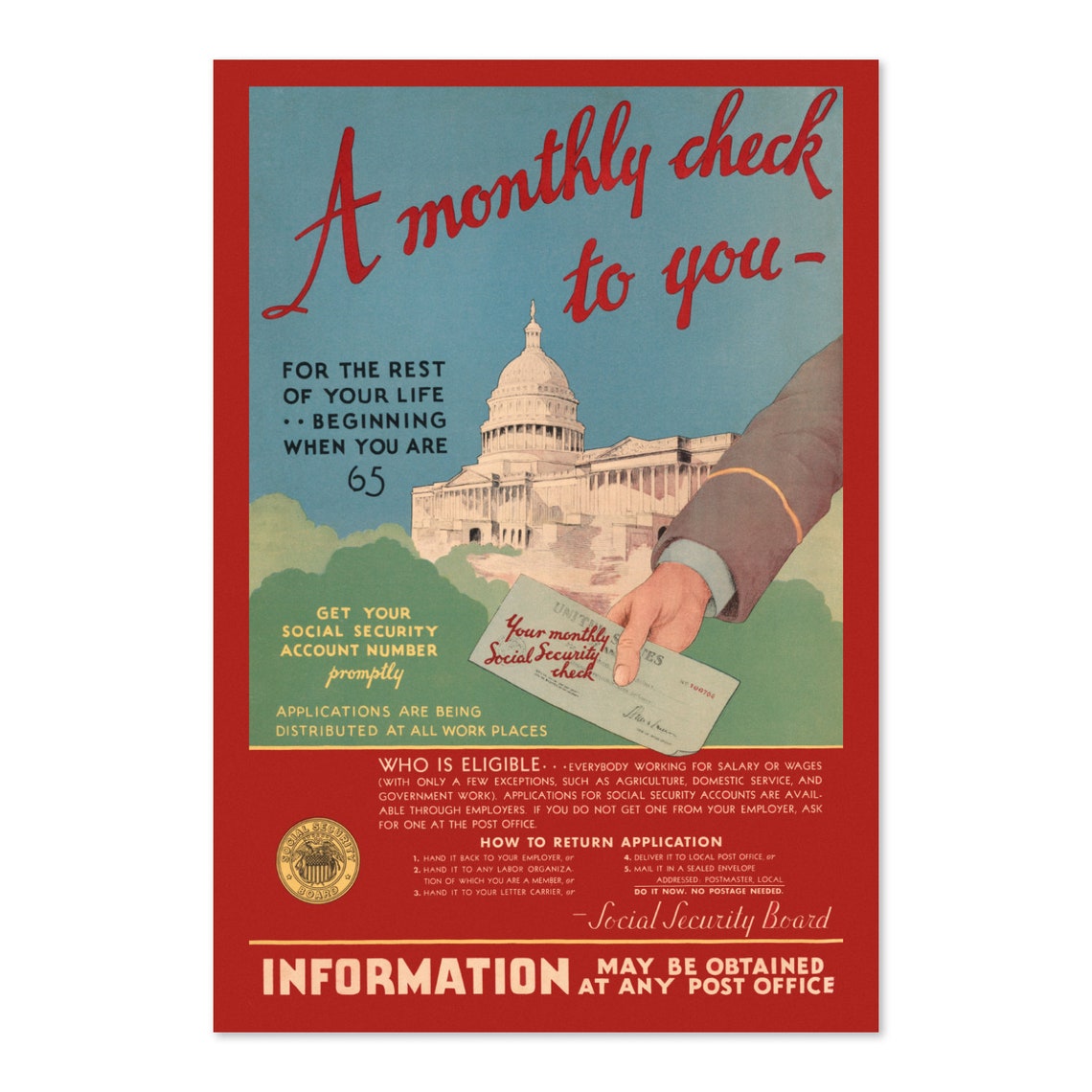 1935 Social Security Monthly Check For Life U.S. Government Poster