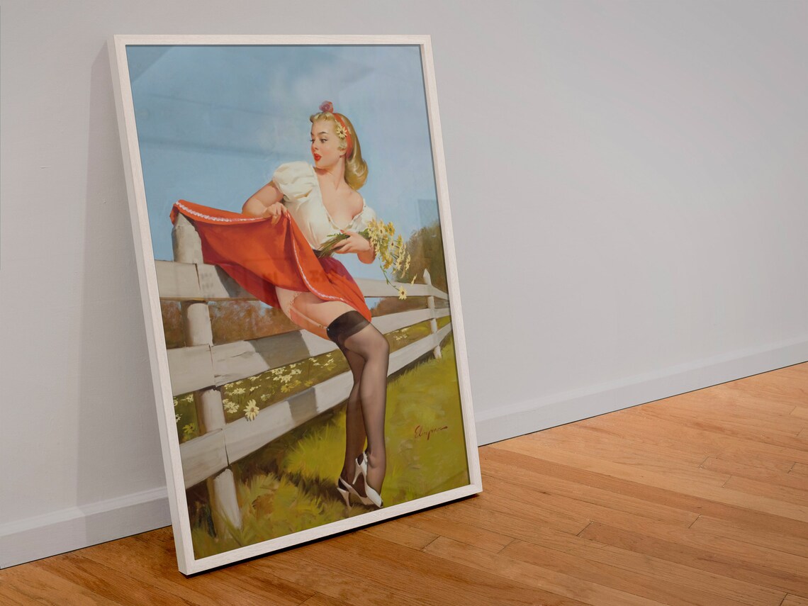 Gil Elvgren On the Fence Vintage Daisy Field Pin Up Girl Poster - Image 4