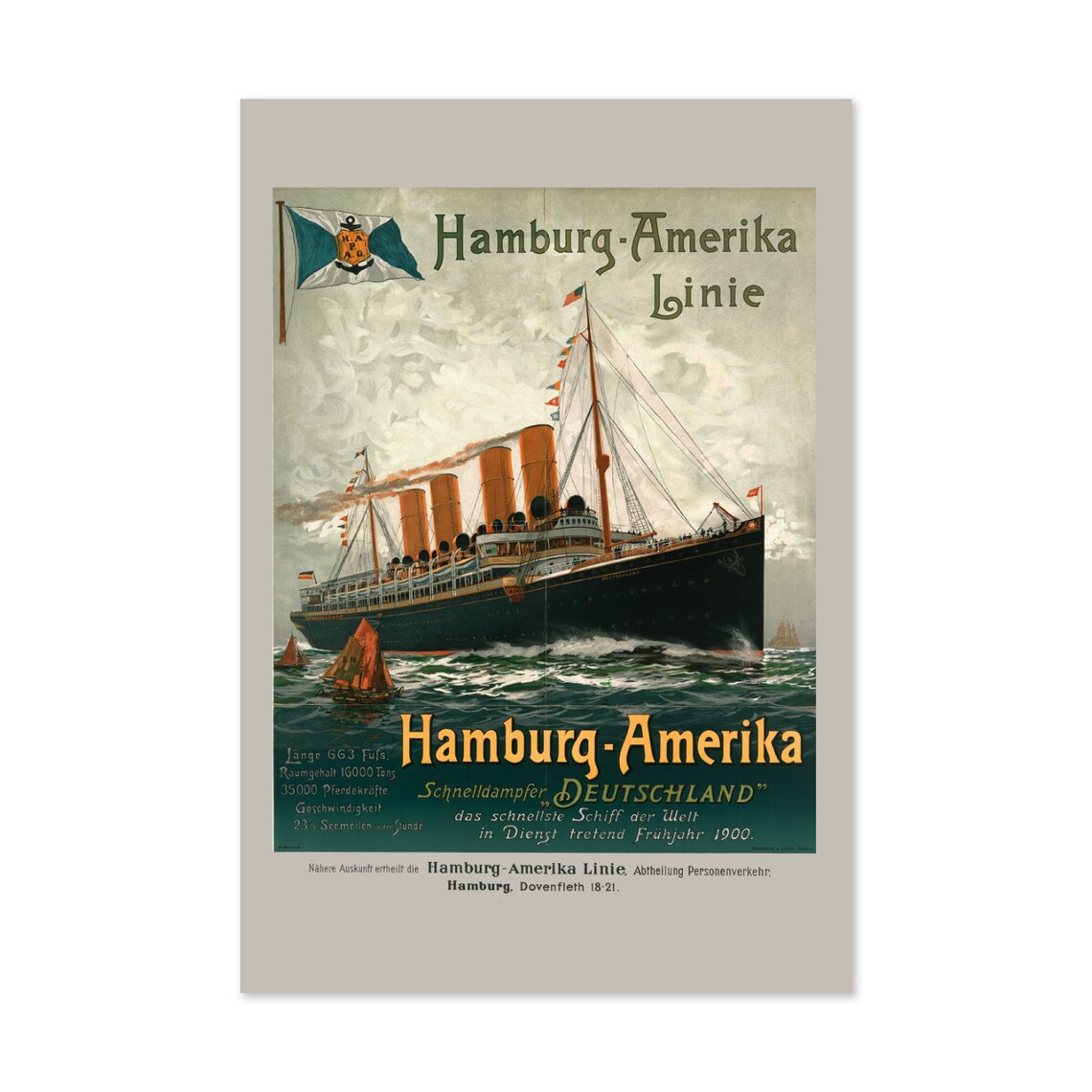 1900 Hamburg Amerika Line Vintage Travel Poster, Ocean Liner