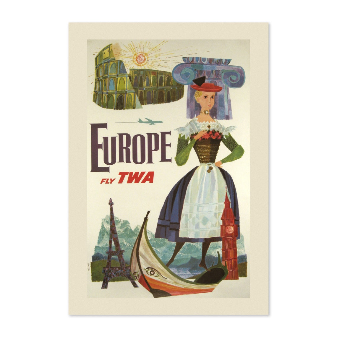 Fly TWA Europe Landmarks Mid Century Airline Classic Vintage Poster