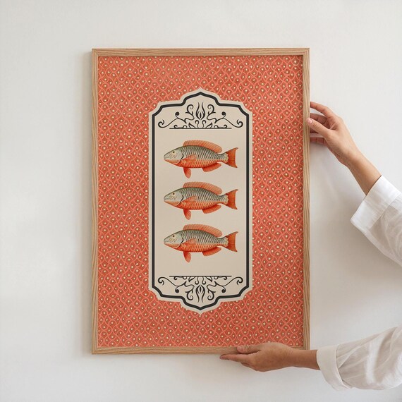 Vintage Fish Wall Art Red Pattern Coastal Print Nautical Folk Decor Bold Ocean Animal Kitchen Or Bathroom