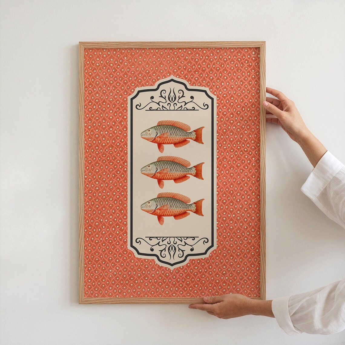 Vintage Fish Wall Art Red Pattern Coastal Print Nautical Folk Decor Bold Ocean Animal Kitchen Or Bathroom
