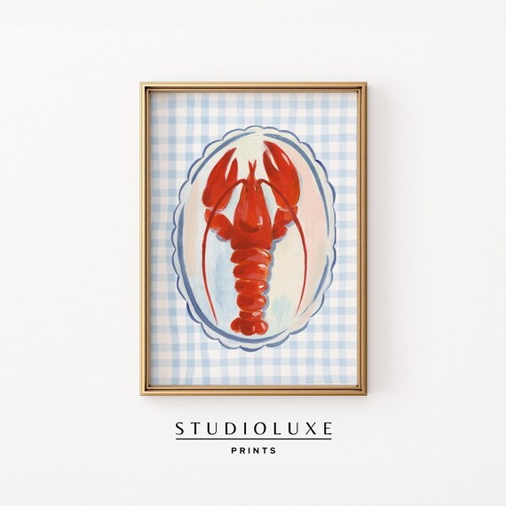 Lobster Gingham Kitchen Art Print Coastal New England Decor Red Illustration Nautical Summer Wall