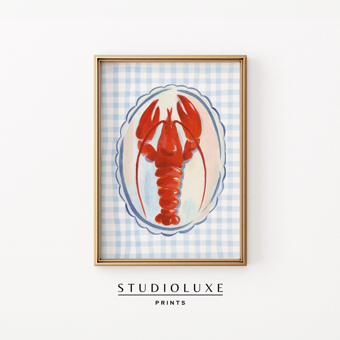 Lobster Gingham Kitchen Art Print Coastal New England Decor Red Illustration Nautical Summer Wall