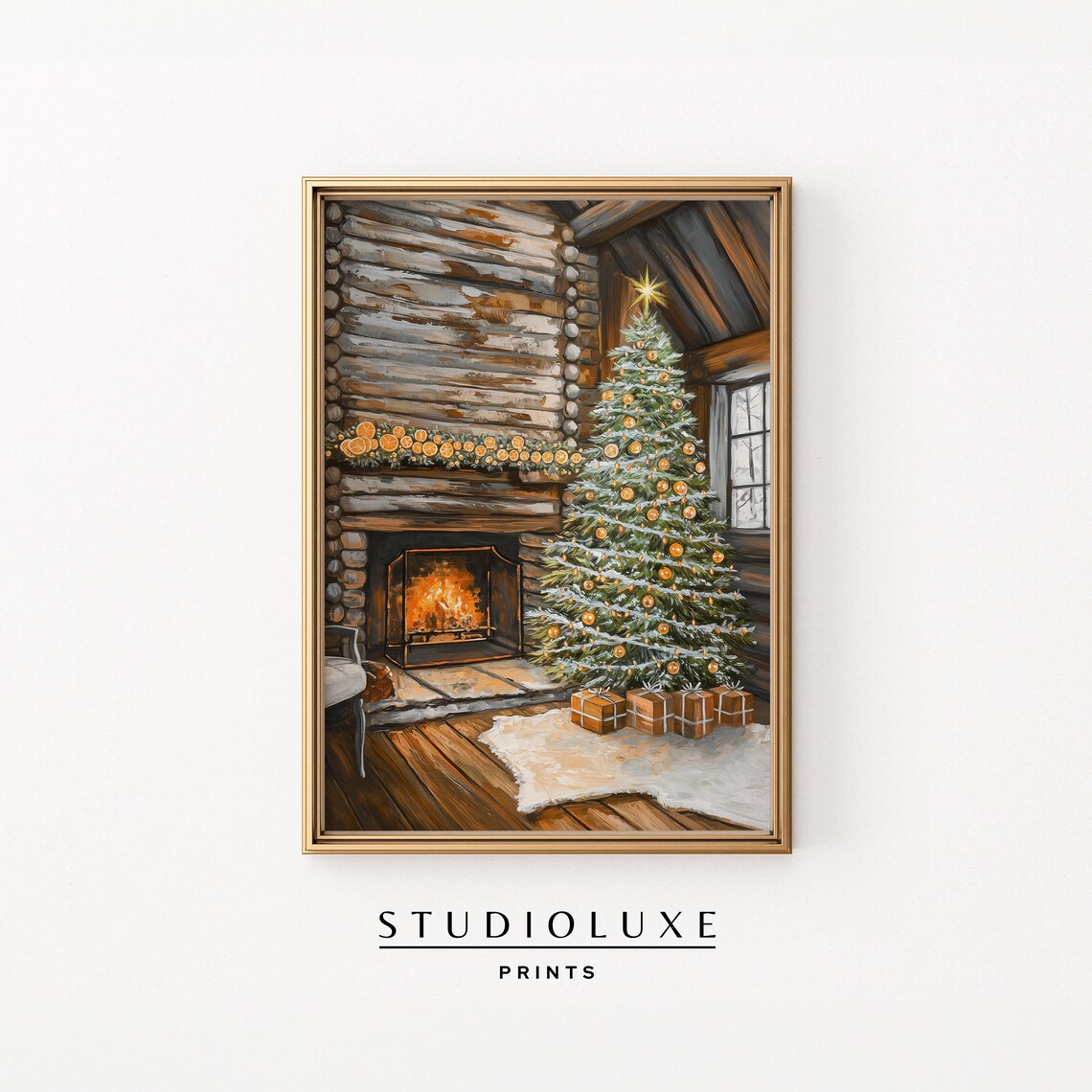 Cozy Cabin Fireplace Christmas Tree Warm Firelight Holiday Room Art Poster