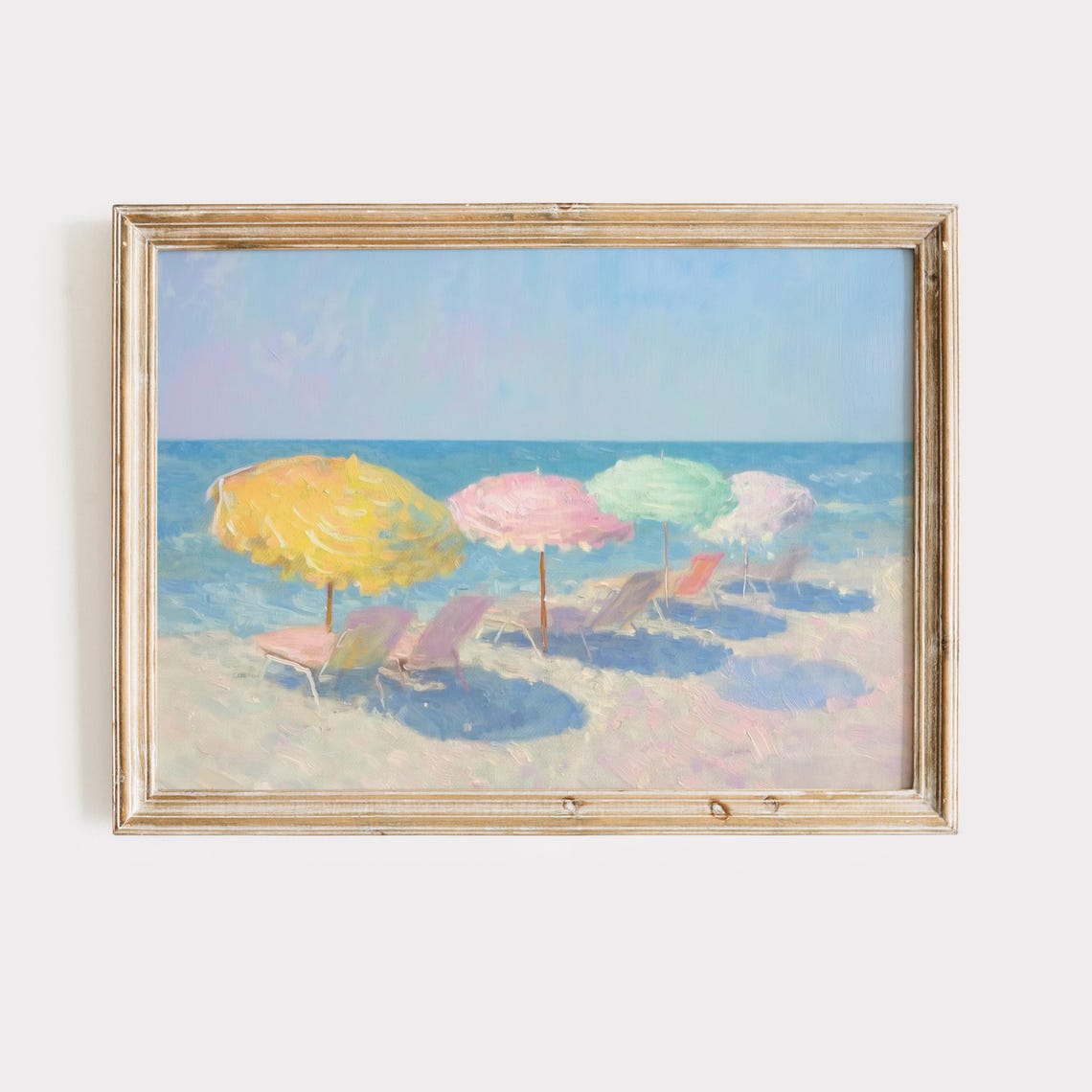 Colorful Pastel Beach Umbrellas Poster Yellow Pink Coastal Scene Art