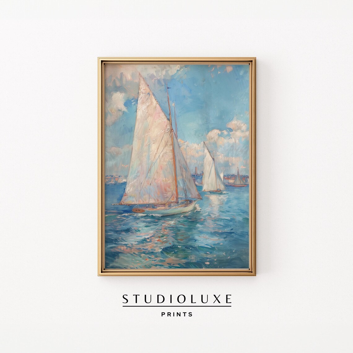 Sailboats with Billowing White Sails Racing on Blue Water Poster