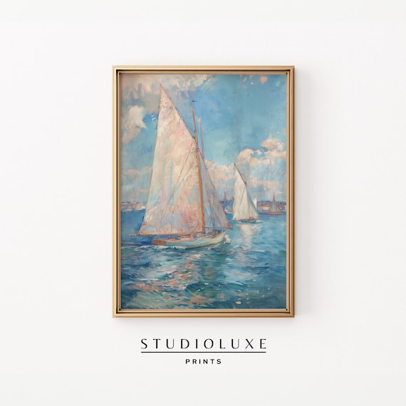 Sailboats with Billowing White Sails Racing on Blue Water Poster