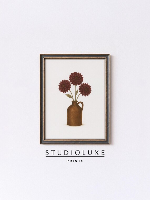 Burgundy Dahlias in Rustic Jug Poster, Vintage Floral Still Life Artwork