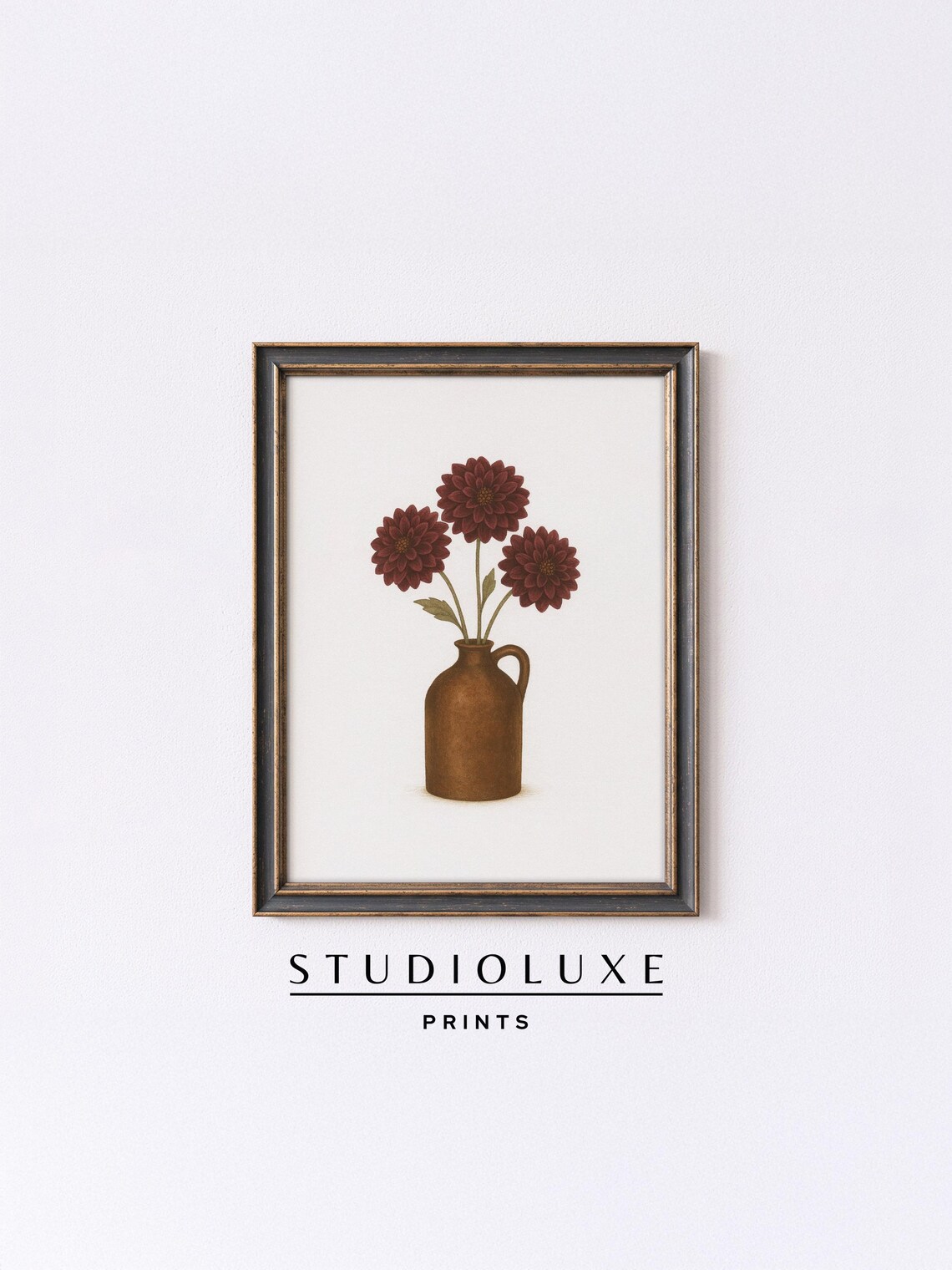 Burgundy Dahlias in Rustic Jug Poster, Vintage Floral Still Life Artwork