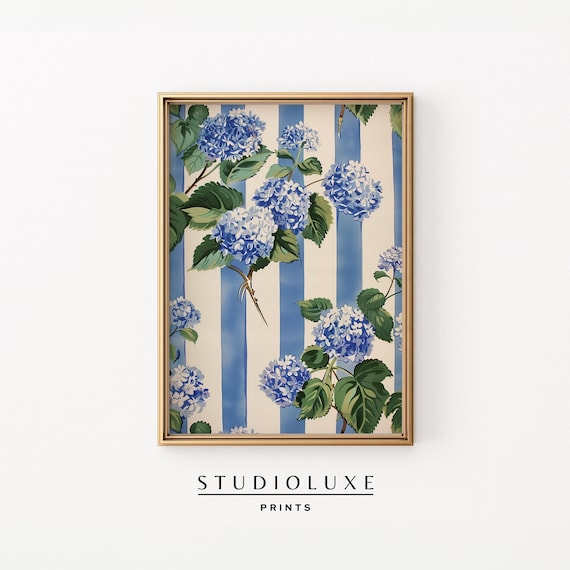 Blue Hydrangea Blossoms on Blue Striped Background Floral Poster