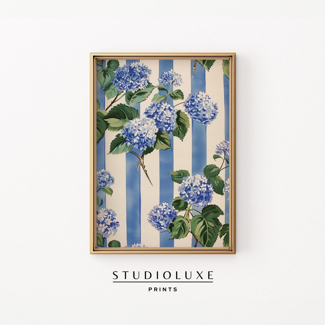 Blue Hydrangea Blossoms on Blue Striped Background Floral Poster