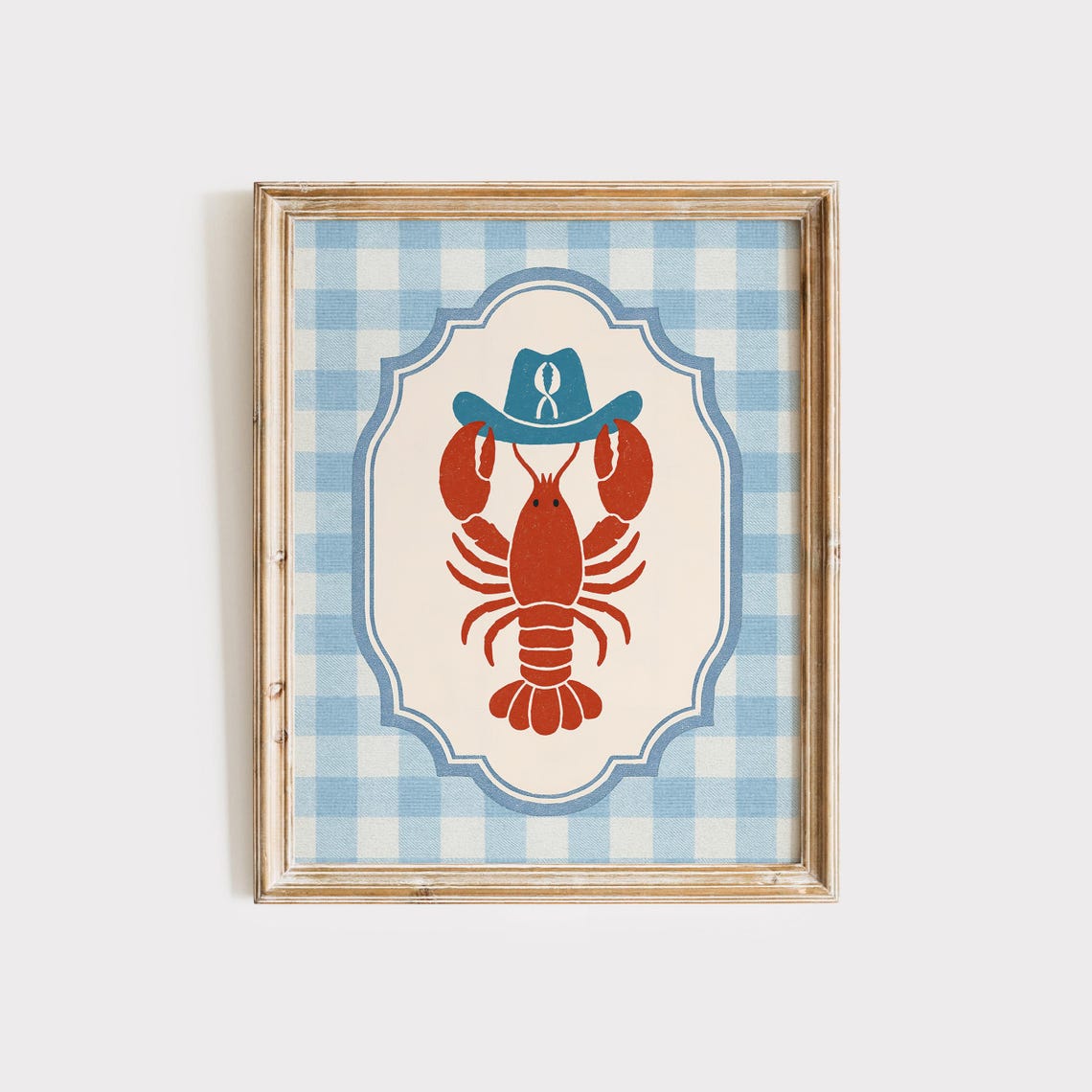 Cowboy Lobster Red Hat Badge Blue Gingham Coastal Kitchen Art Poster